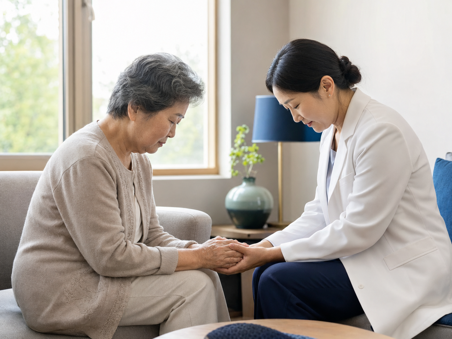 A patient and a caregiver praying quietly together in the hospital