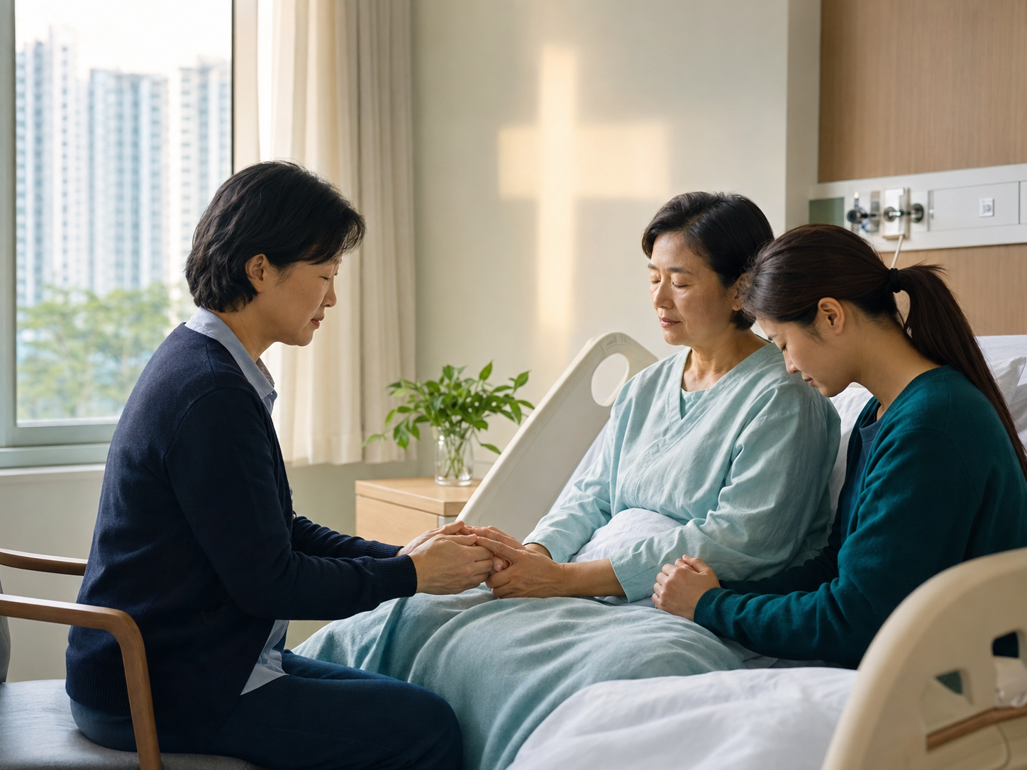A chaplain providing prayer and spiritual care in the hospital